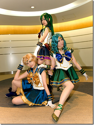 sailor moon musical cosplay - sailor uranus, sailor pluto, and sailor neptune