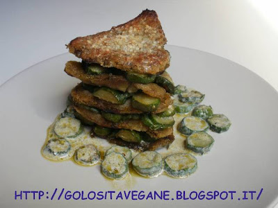 aglio, crepe, farina di mais, farina di semola, fiori di zucca, fiori di zucchina, forno, grana vegan, noce moscata, panna soia, ricette vegan, scalogno, Secondi, zucchine, 