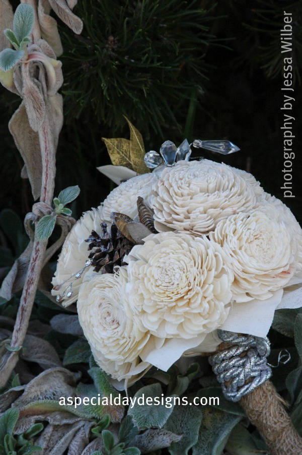 Balsa wood bouquet with burlap and bling