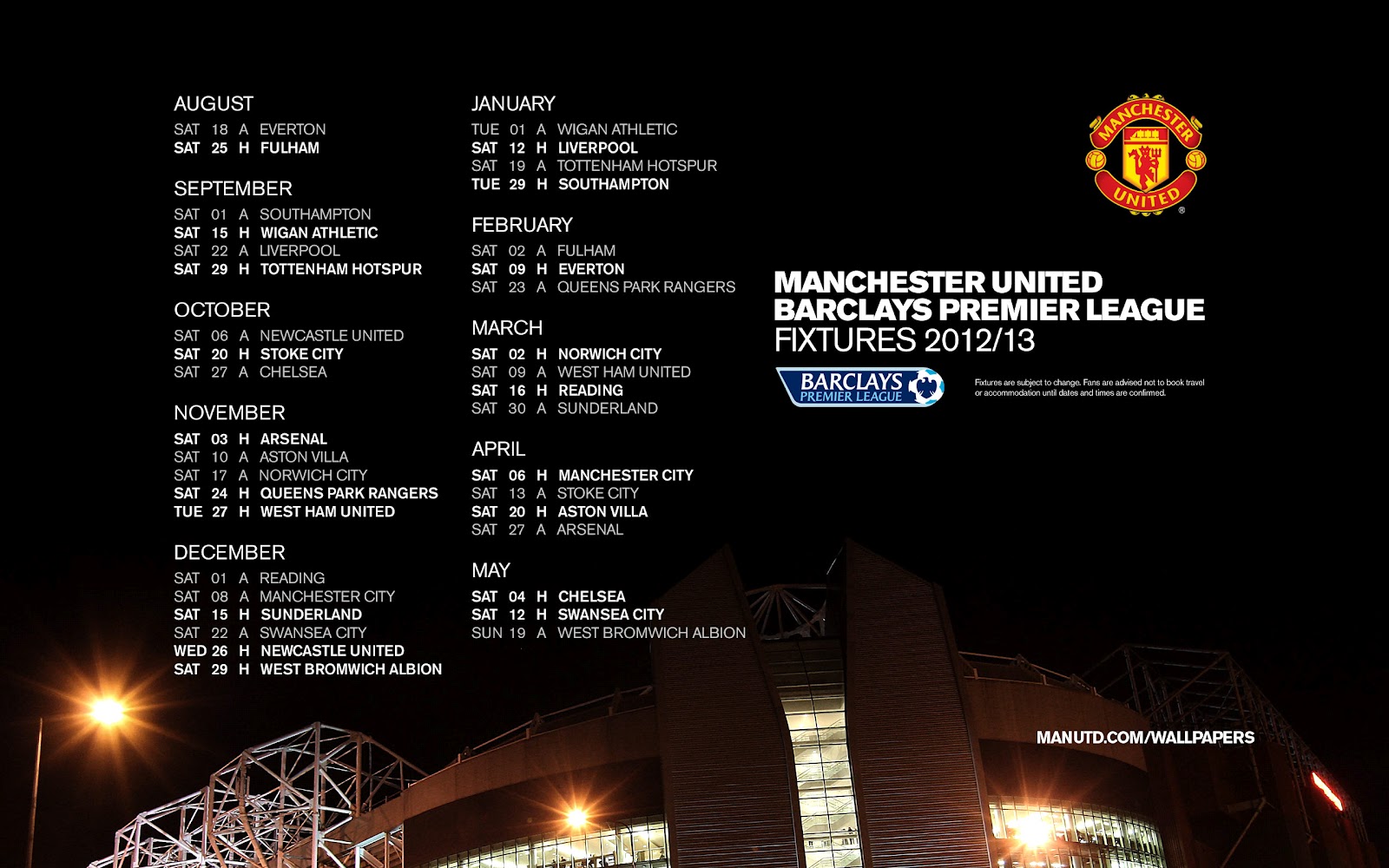 Wallpaper Jadual Penuh Perlawanan EPL Manchester United Musim 2012