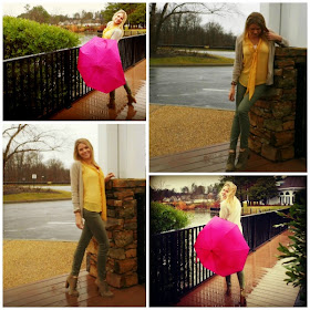 pink umbrella, yellow blouse, smiling in the rain, dancing in the rain