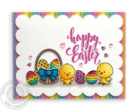 Sunny Studio Blog: Rainbow Striped Scalloped Easter Basket with Eggs & Chicks Handmade Card (using Frilly Frames Eyelet Lace Die, Chickie Baby Stamps & Spring Fling 6x6 Paper)