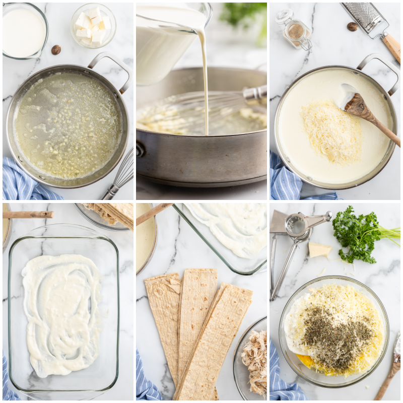 Six photos of the process of making Low Carb Chicken Alfredo Rollups.