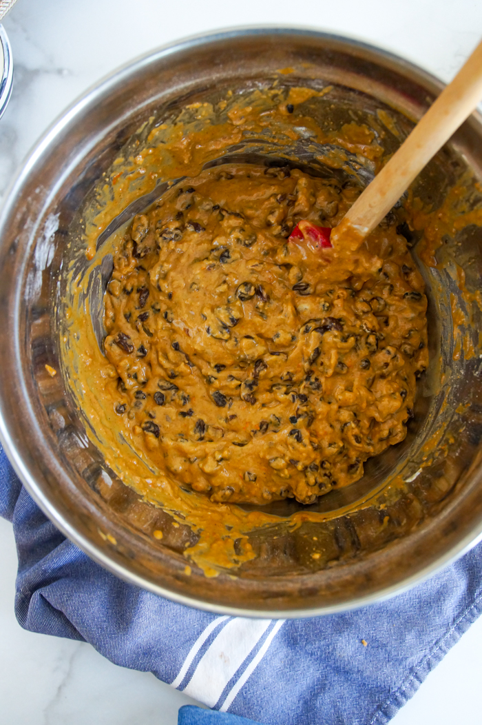 Bara Brith - Speckled Bread batter in bowl