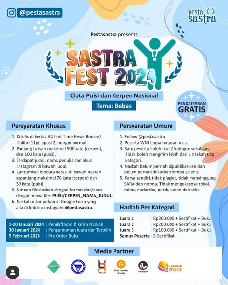 Lomba Menulis Cerpen dan Puisi SASTRA FEST 2024 (Vol. 1) DIBUKA