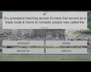 Dry grassland reaching across Eurasia that served as a trade route & home to nomadic people was called the ____. Answer choices include: peninsula, steppe, alluvial fan, isthmus