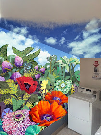 hummingbird mural, rose mural, tropical flowers mural, zinnias mural, garden mural, portland mural