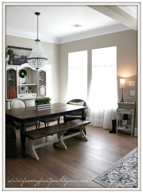 farmhouse bench-farmhouse table-mis chandleier-suburban farmhouse dining room-from my front porch to yours
