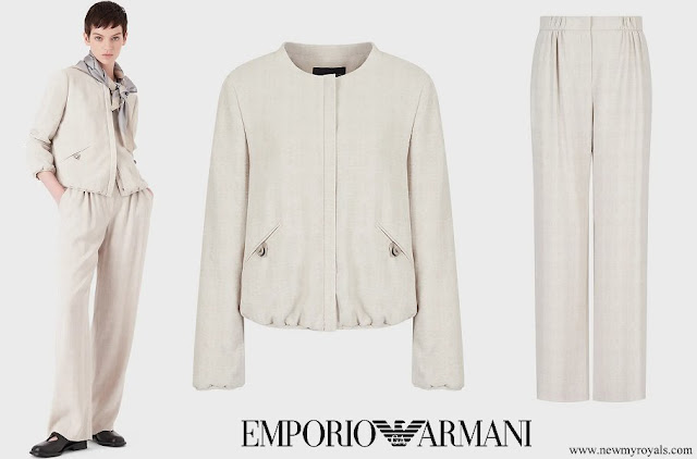 Princess Charlene wore Emporio Armani Crew-neck jacket with zip in gradient checked jacquard fabric and trousers