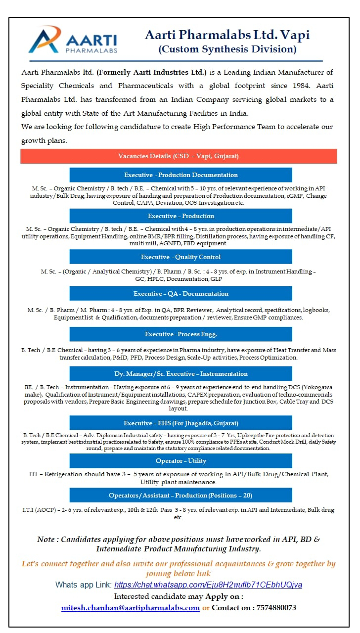 Job Availables, Aarti Pharmalabs Ltd Job Vacancy For Production Documentation/ Production/ Quality Control/ Quality Assurance/ Process Engineering/ Instrumentation/ EHS/ Utility- Department