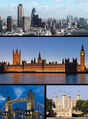 Tourix - Top: City of London skyline, Middle: Palace of Westminster, Bottom left: Tower Bridge, Bottom right: Tower of London.