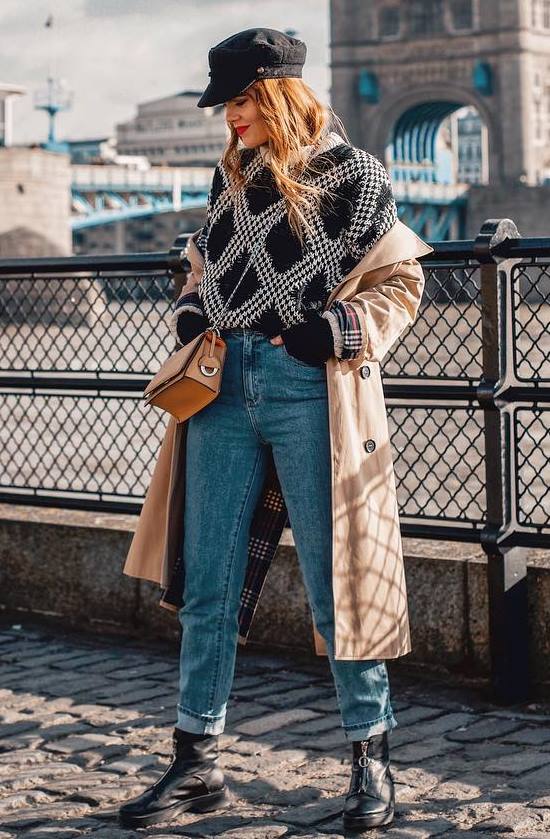 fall outfit idea to try right now | boyfriend jeans + boots + hat + sweater + beige coat