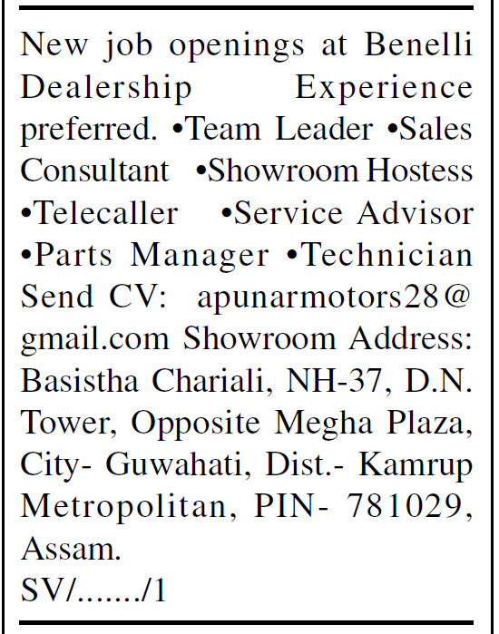 New Job Openings at Benelli Dealership