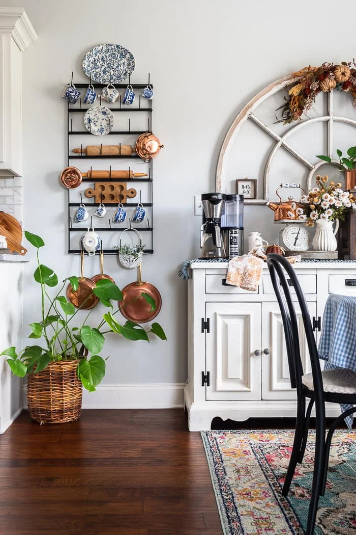 mug rack, vintage mugs, copper, plant, coffee bar