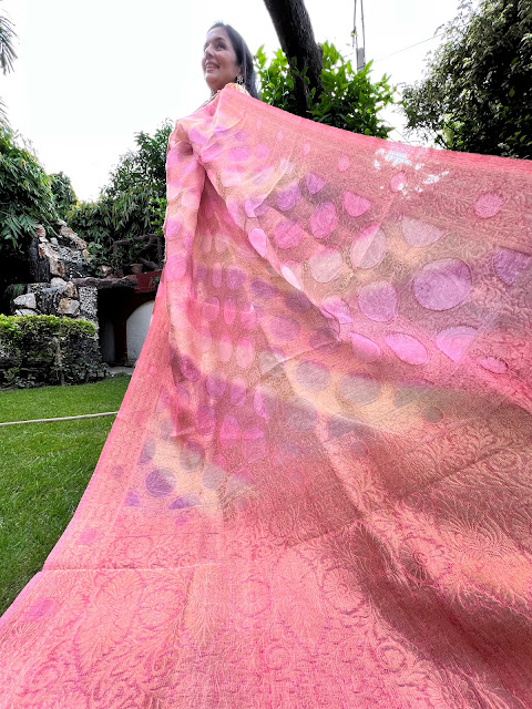 Multicolour ombré silk Kora saree