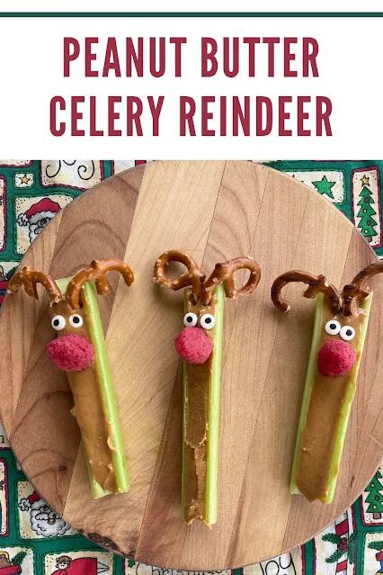 Peanut Butter Celery Reindeer on a cutting board.