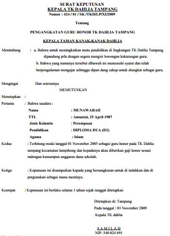 Contoh Surat Keputusan (SK) Pengangkatan Guru Honorer 