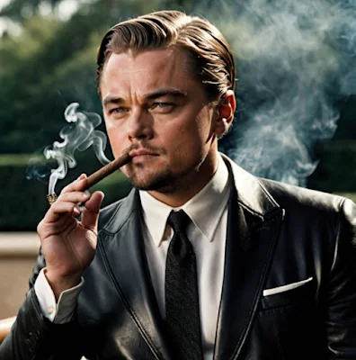 Leonardo DiCaprio standing out on her balcony smoking a cigar wearing a black leather blazer from the chest up