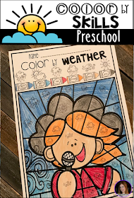 The boys and girls will work on weather vocabulary with this cute Color by Weather printable.