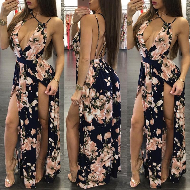 Deep V Floral Crisscross Back High Slit Maxi Dress 02