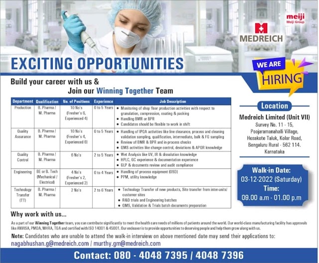 Medreich Pharma | Walk-In Interviews for Freshers & Expd in Prod/ QA/ QC/ Engg / Tech Transfer on 3rd December 2022