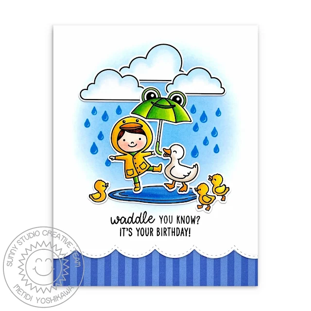 Sunny Studio Girl with Duck Raincoat, Frog Umbrella & Ducklings Birthday Card using Puddle Jumpers & Spring Showers Stamps