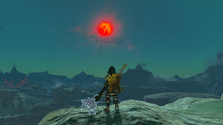 staring at the Blood Moon above the Great Sky Island, Hyrule Castle to the left