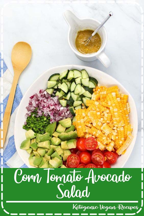 The perfect summer salad recipe: Corn Tomato Avocado salad with cucumbers, red onion, jalapeños and a delicious lime-garlic dressing. #Summer #Salad #Recipe #Vegetarian #Vegan