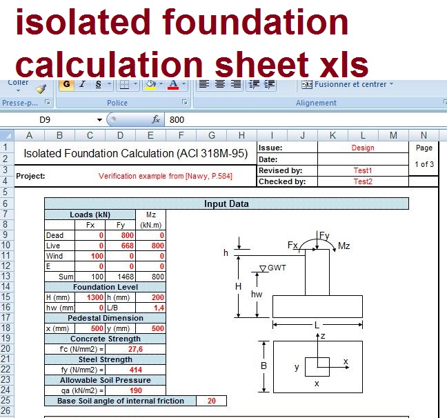Isolated foundation calculation sheet xls - Civil 