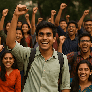 Excited Indian StuGroup of enthusiastic Indian college students raising their fists in joy, celebrating new AI+ education opportunities at BITS Pilani's Amaravati campus.dents Celebrating Educational Opportunity