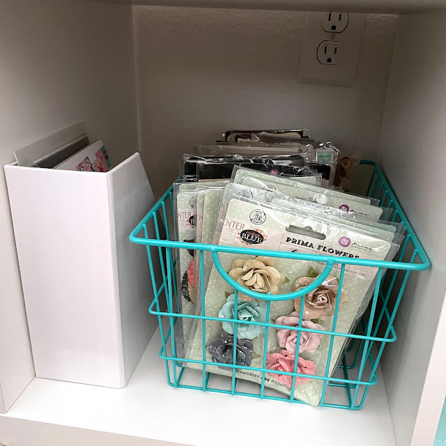 IKEA Kallax Shelves, Container Store aqua baskets, Scrapbook.com 6x8 storage