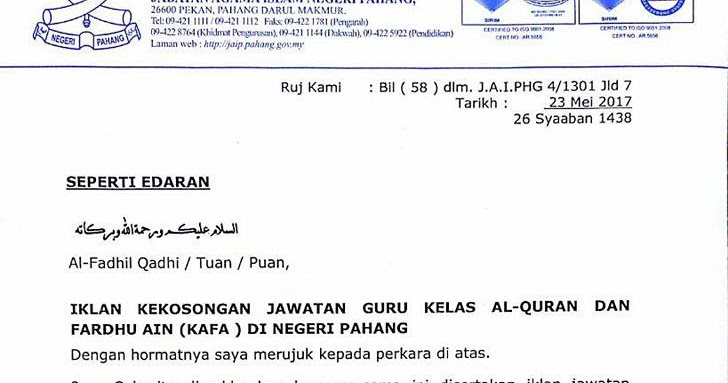 Jawatan Kosong Guru Kelas Al-Quran dan Fardhu Ain (KAFA 