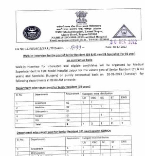 ESIC JAIPUR RAJASTHAN VACANCY 2023 | कर्मचारी राज्य बीमा निगम आदर्श चिकित्सालय जयपुर राजस्थान में वेकेंसी