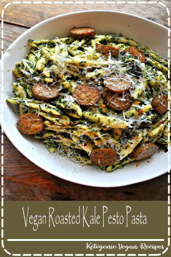 Roasted garlic and kale pesto tossed with pasta and vegan sausage. Oil free and delicious!