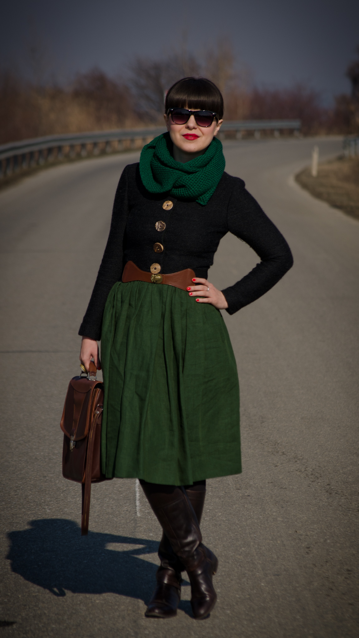 khaki midi dress thrifted brown boots green scarf army green outfit brown satchel bag