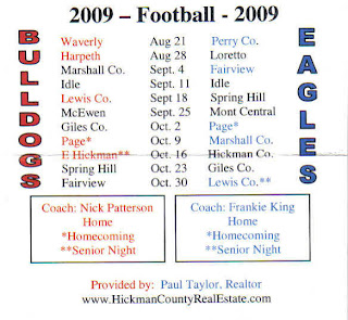 Hickman County Bulldogs and East Hickman Eagles Football Schedule provided by: Paul Taylor, Realtor