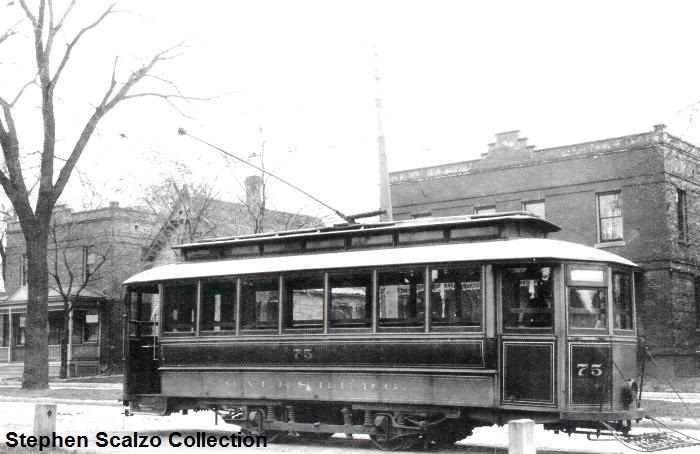 Single-truck streetcar 75 outside the carbarn in the1900-1910 era 