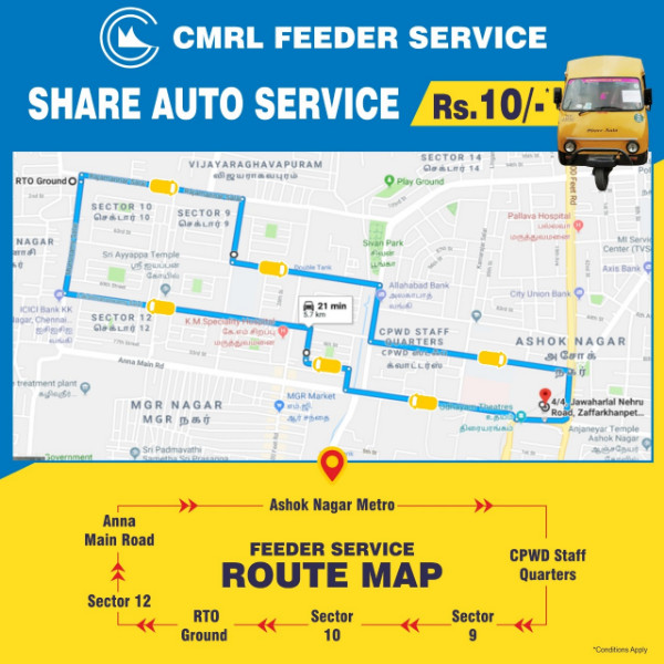 Chennai Metro - Ashok Nagar Metro Station - Share Auto Route, Timing, Fare & More