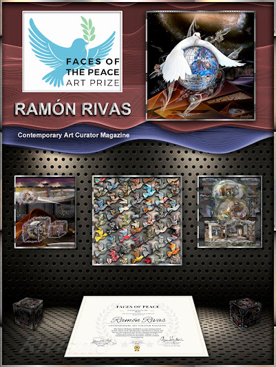 Alguna de las obras presentadas por Ramón Rivas al Premio de Arte "Rostros de la Paz". También aparece la Insignia y el Certificado otorgado.