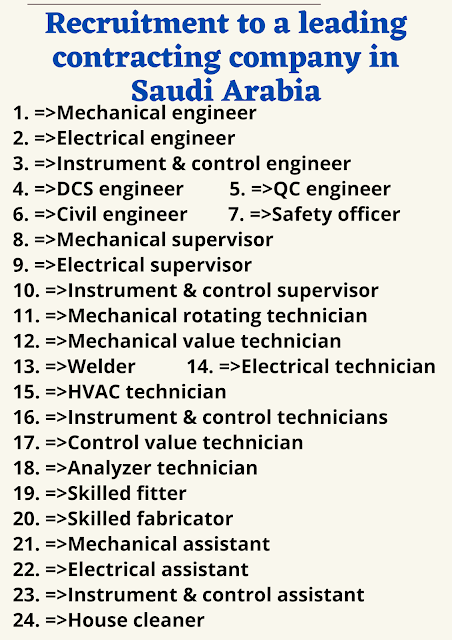 Recruitment to a leading contracting company in Saudi Arabia