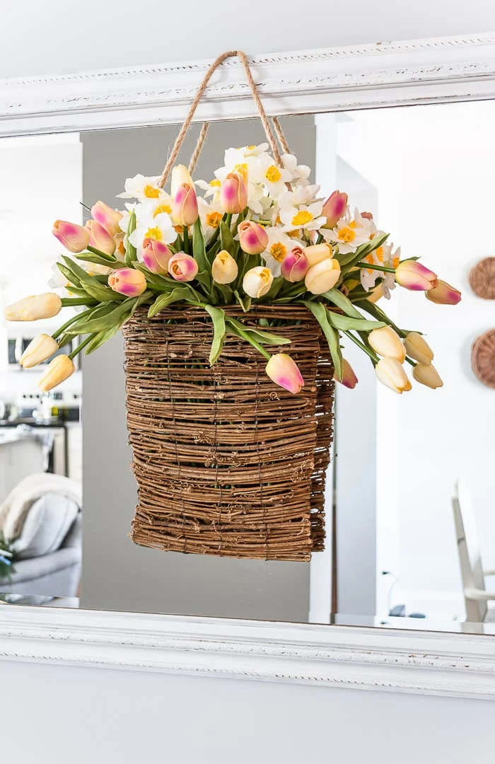 tulips and daffodils, hanging basket, mirror