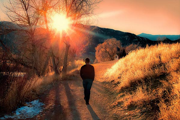 Un hombre pasea por el campo al atardecer.