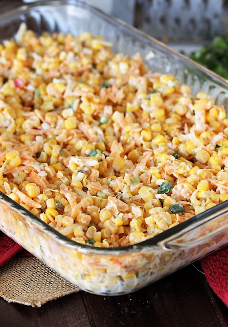 Cheesy Fiesta Corn Casserole in Baking Dish Ready to Be Baked Image