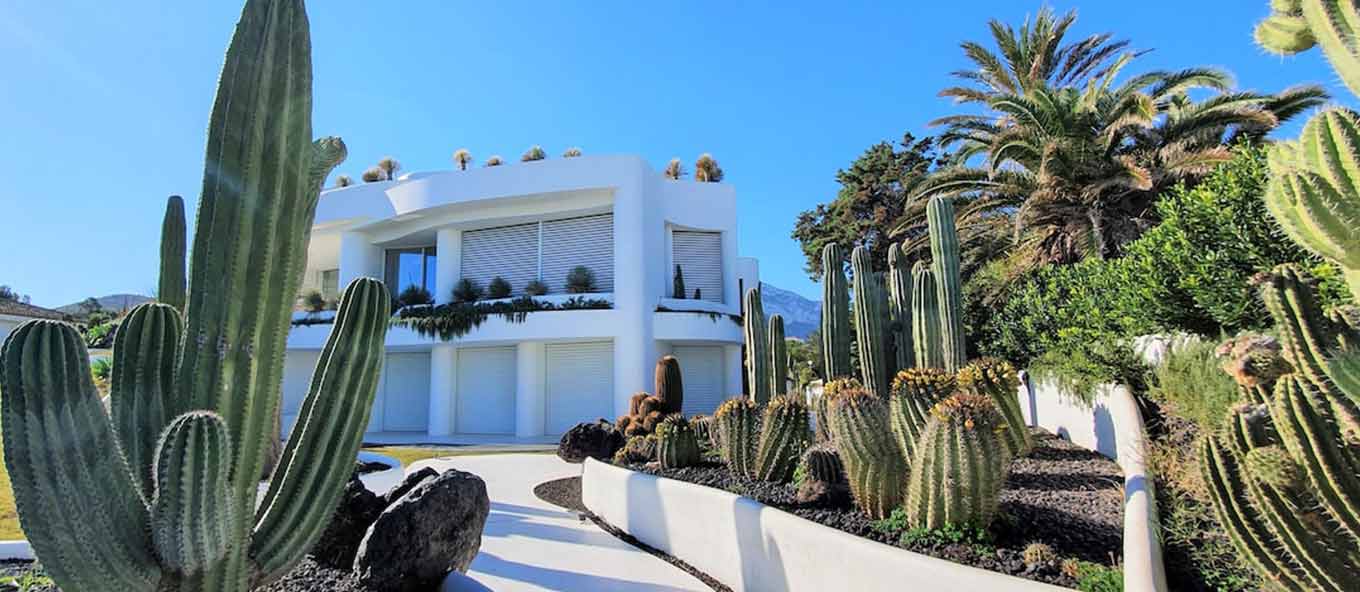 Photo taken at the end of a walkway to an all white Spanish property, the walkway is surround by various plants and cactai on a bright sunny day.