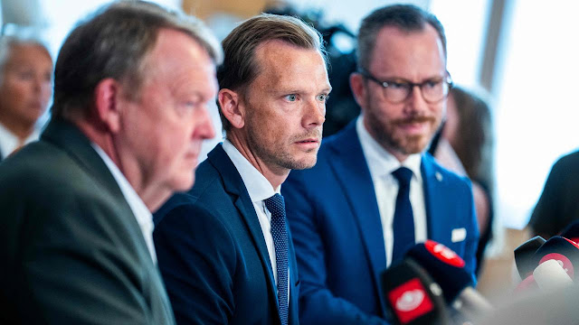 On August 25, 2023, in Copenhagen, Deputy Prime Minister Jakob Ellemann-Jensen, Minister of Justice Peter Hummelgaard, and Minister of Foreign Affairs Lars Loekke Rasmussen submit a measure on a Koran burning ban. Image AFP