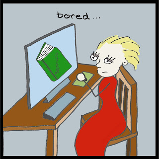 A cartoon of a woman sat by a computer screen with a book on the screen with the title Boring and the word Bored in the air above.