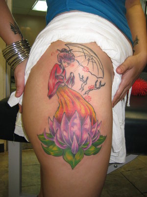 Women Thigh Japanese Geisha Tattoo