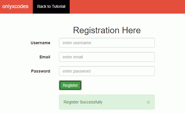 a bootstrap success box with the phrase register successfully is presented.