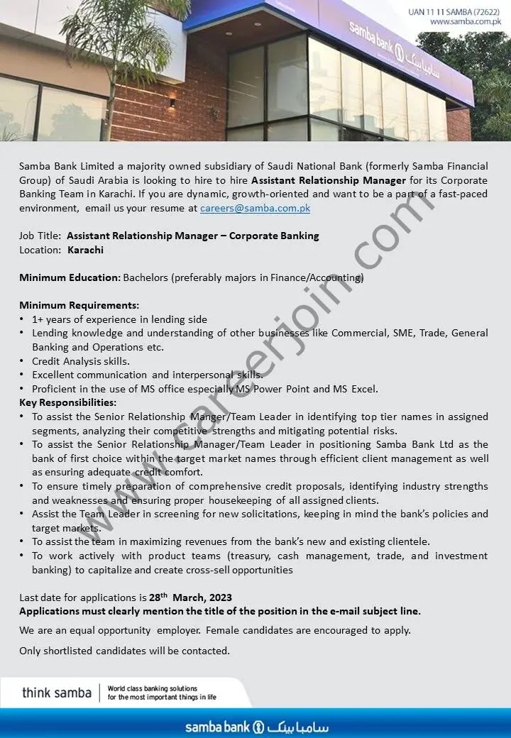 Samba Bank Limited Jobs Assistant Relationship Manager: