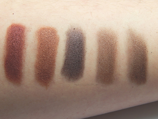 Five eyeshadows swatched on someone's arm